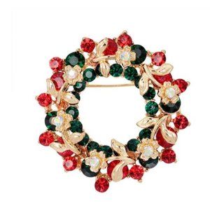 Christmas Holiday Wreath Crystal Brooch
